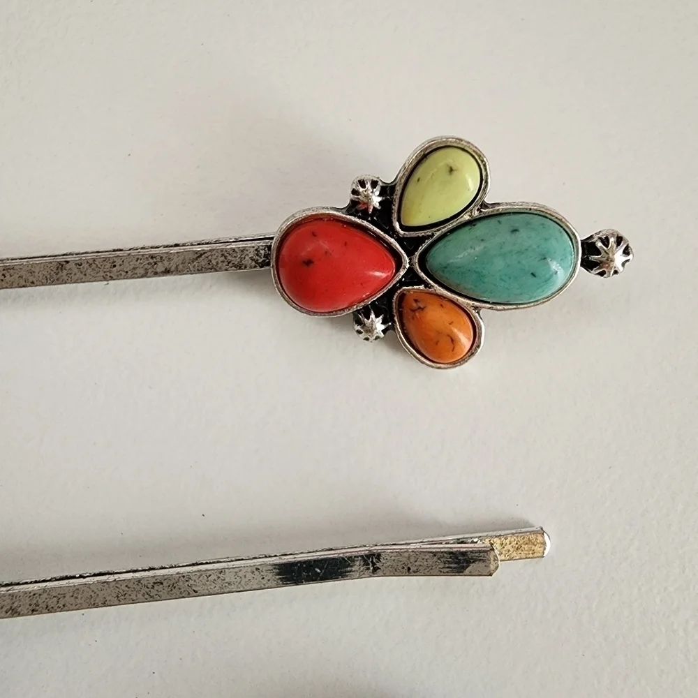 3PCS Boho Floral Mutli Stone Antique Metal Bobby Hair Pins